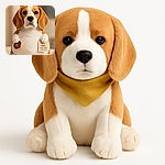 A chubby, adorable beagle dog plushie wearing a tiny golden crown, holding a toy donut in one paw and a tag in the other that reads 'Rush Roi des friandies (ne pas nourrir)', sitting proudly as the king of treats in a soft, warmly lit room.