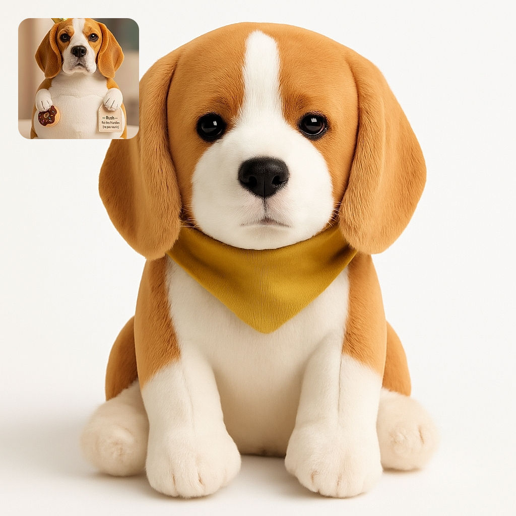 A chubby, adorable beagle dog plushie wearing a tiny golden crown, holding a toy donut in one paw and a tag in the other that reads 'Rush Roi des friandies (ne pas nourrir)', sitting proudly as the king of treats in a soft, warmly lit room.
