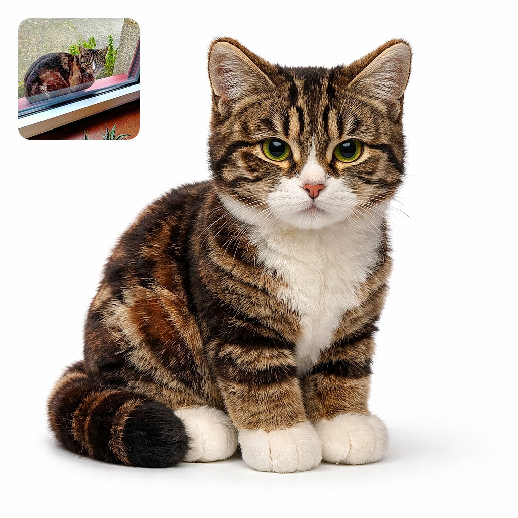 A suspiciously dignified tabby perched on the outside windowsill, giving the camera a withering stare as if it has a long list of demands (and none of them involve sharing snacks). The glass creates a faint reflection, a succulent and wooden sill sit inside, and the rough concrete and little weeds frame the cat like a curbside throne.