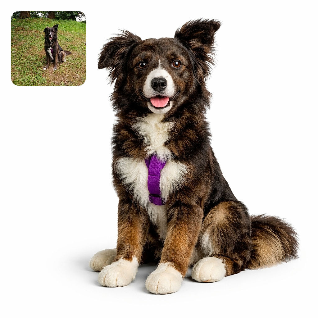 A friendly mixed-breed dog sits on a grassy slope like a patient nature presenter — one ear perked, tongue out, purple harness visible, surrounded by trees and lawn as if waiting for its cue.