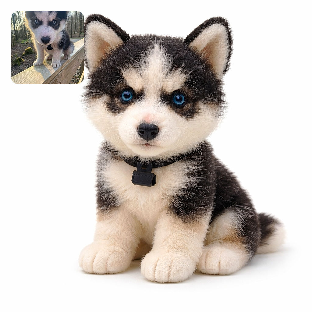 A tiny husky puppy balances on a wooden railing like an intrepid explorer, staring into the camera with icy blue eyes and the confidence of someone who just discovered gravity (and squeaky toys). Sunlight halos its fur while the forest watches in the background.