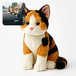 A curious calico cat perched on the dashboard of a car, staring intently at the camera with wide eyes. Outside the window, a sunny day with trees, houses, and cars on the road is visible, while the interior of the car shows the air vent and some bags below the dashboard.