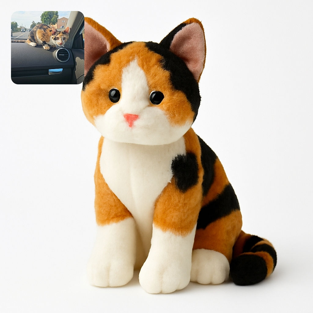 A curious calico cat perched on the dashboard of a car, staring intently at the camera with wide eyes. Outside the window, a sunny day with trees, houses, and cars on the road is visible, while the interior of the car shows the air vent and some bags below the dashboard.