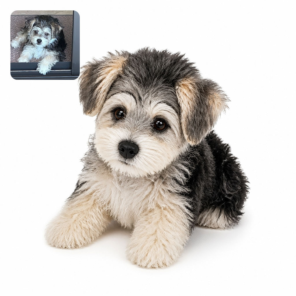 A fluffy little puppy lounges in a doorway like a shaggy security guard, one paw dramatically dangling over the threshold while its bright eyes announce that absolutely no one may enter without treats. A colorful sunburst doormat adds a cheerful welcome below.