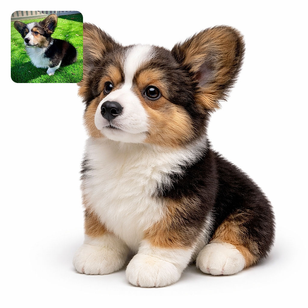 A fluffy tricolor corgi puppy sits attentively on vibrant green grass, ears perked up and eyes full of curiosity, basking in the sunlight with a white picket fence softly blurred in the background.