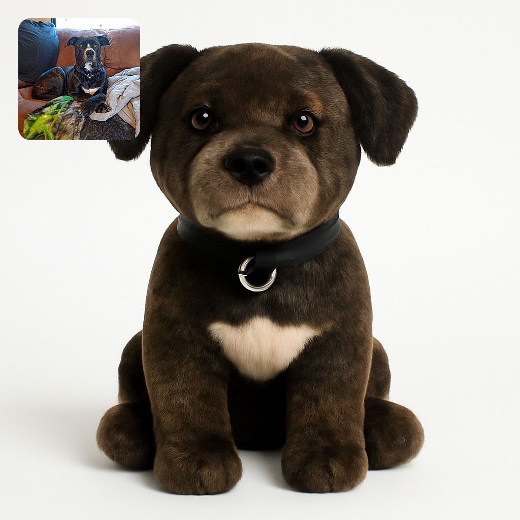 A dignified brindle dog lounges on a cozy brown couch, with a colorful green and gray blanket and a soft gray fabric nearby. The dog looks calmly at the camera with a poised expression, as light filters through a window behind.