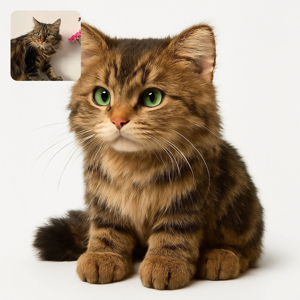 A majestic fluffy tabby cat with striking green eyes poses gracefully against a plain white background, accompanied by a delicate arrangement of pink flowers that add a touch of elegance and charm.