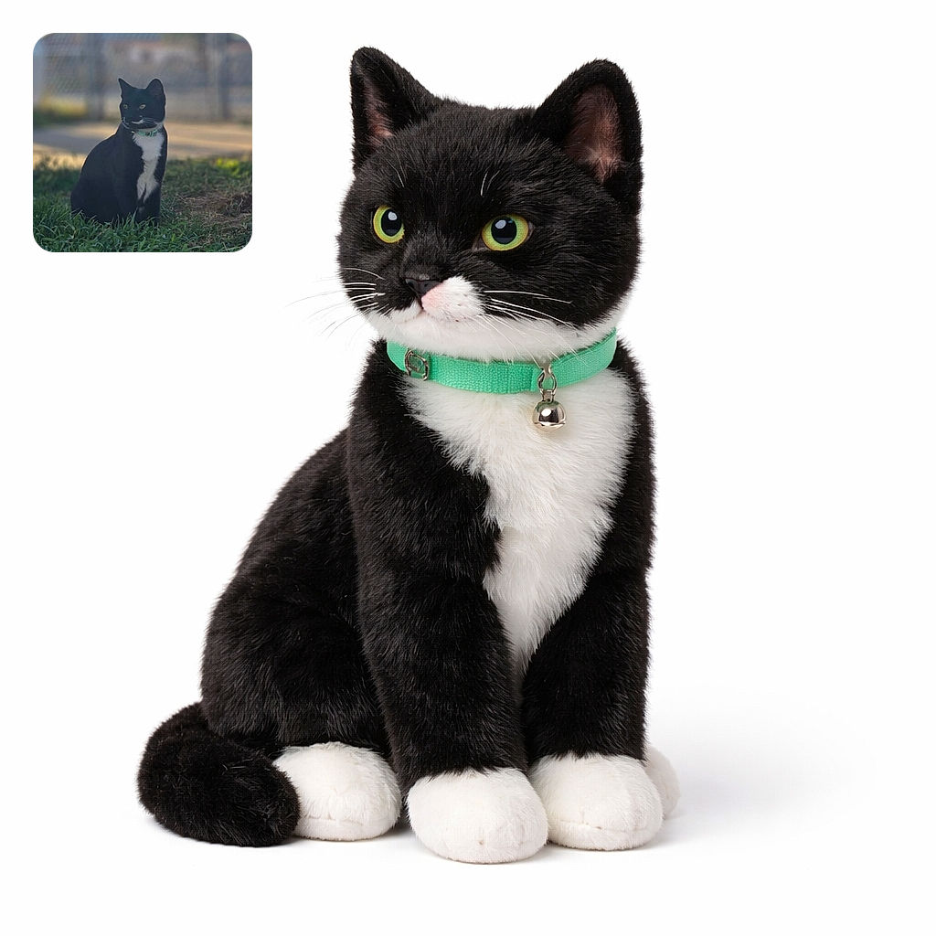 A sleek black and white cat sits gracefully on a patch of green grass, wearing a collar and gazing off to the side with curiosity. The background is softly blurred, featuring a fence and some trees under gentle daylight, giving the photo a calm and natural vibe.