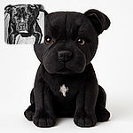 A close-up black and white photo of a muscular dog lying down on a wooden surface, staring directly at the camera with a serious expression, showcasing its shiny coat and strong build.