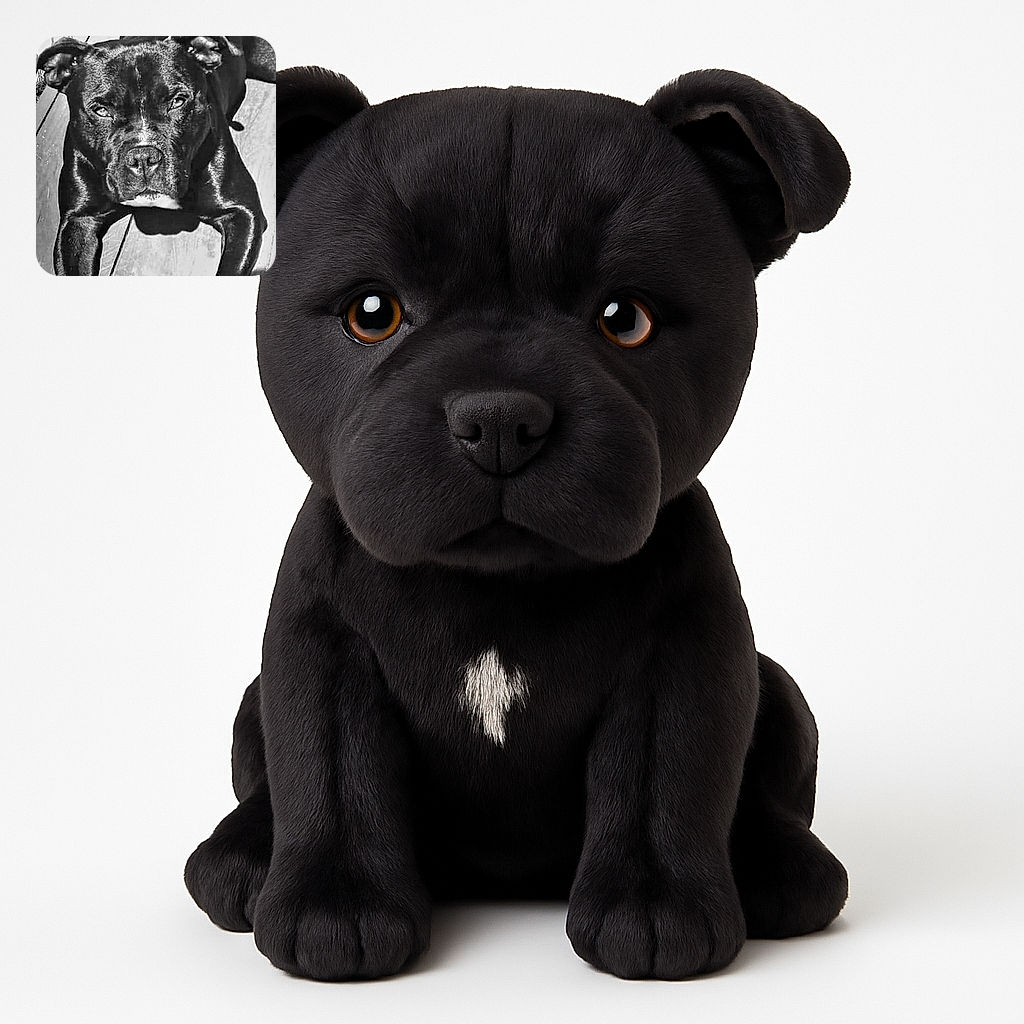 A close-up black and white photo of a muscular dog lying down on a wooden surface, staring directly at the camera with a serious expression, showcasing its shiny coat and strong build.