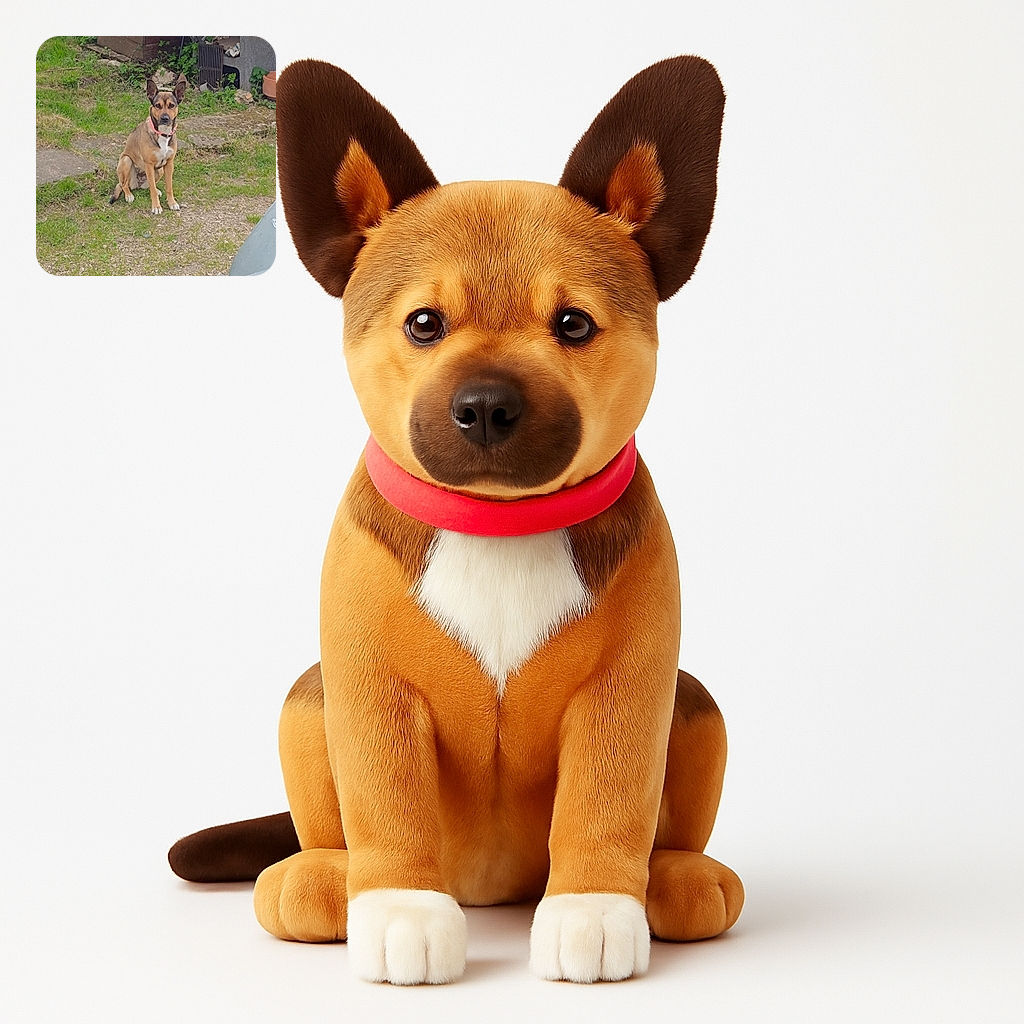A loyal dog with a pink collar sits attentively on a patchy grassy area in a backyard, surrounded by rustic garden elements and a wooden shed, looking ready for an adventure or a treat.