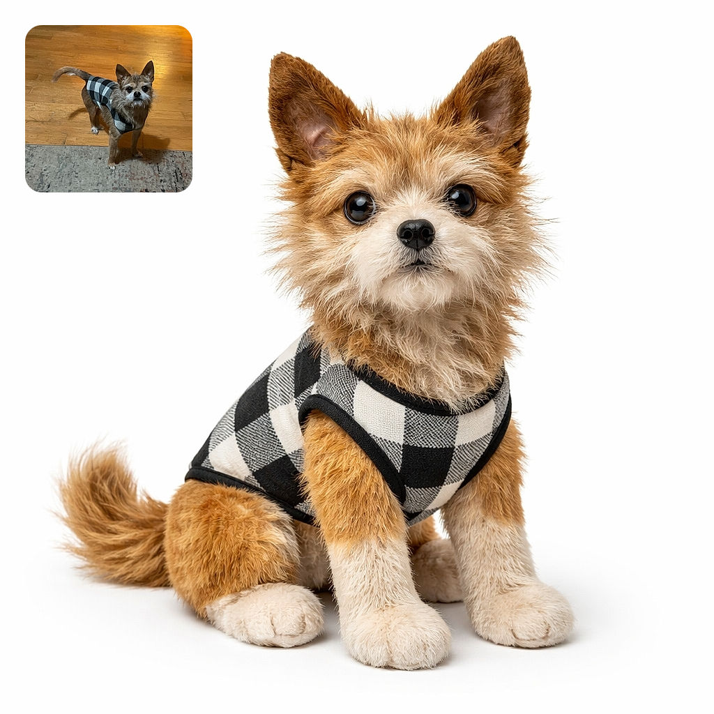 A small scruffy dog in a black-and-white plaid sweater stands on a hardwood floor looking up with wide, earnest eyes as if asking for treats — ears perked, whiskers bristling, and a shadow stretching behind. Cozy indoor scene with a rug in the foreground and warm lighting.