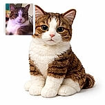 A close-up photo of a tabby cat with white fur on its chest, looking directly at the camera with an almost serious expression. The background is blurred with hints of colorful objects, and the image has a soft focus effect giving it a cozy, intimate feel.