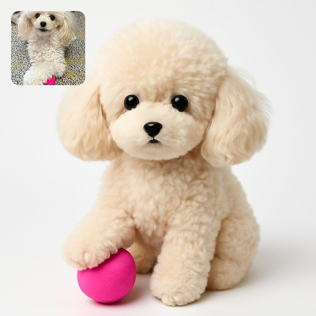 A fluffy white poodle with big, shiny eyes is adorably clutching a bright pink toy while sitting on a patterned carpet, looking ready for some playful fun or a cuddle session.