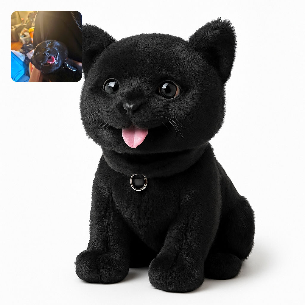 A playful black cat making a goofy face with its tongue out, held gently by a person. The background is cluttered and softly lit, adding a cozy but chaotic vibe to the moment.