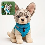 A charming little dog with speckled fur and bright blue eyes looks up attentively while wearing a vibrant blue harness. The pup is standing on a green textured surface, next to a playful blue and yellow toy that says 'appetit!'. The photo captures the dog's curious and adorable expression perfectly.