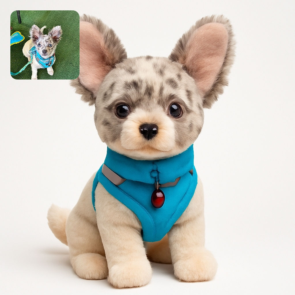 A charming little dog with speckled fur and bright blue eyes looks up attentively while wearing a vibrant blue harness. The pup is standing on a green textured surface, next to a playful blue and yellow toy that says 'appetit!'. The photo captures the dog's curious and adorable expression perfectly.