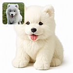 A fluffy white puppy with a happy expression and tongue out, sitting on green grass with a wooden fence and cloudy sky in the background. The puppy looks soft and playful, ready for fun outdoors.
