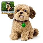 A fluffy, curly-haired dog with a quirky underbite sits proudly on a grassy slope, looking like it just mastered the art of the toothy grin. Behind, a GMC vehicle adds a touch of suburban charm to this candid canine portrait.