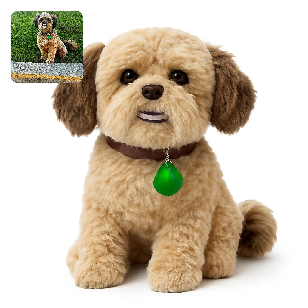 A fluffy, curly-haired dog with a quirky underbite sits proudly on a grassy slope, looking like it just mastered the art of the toothy grin. Behind, a GMC vehicle adds a touch of suburban charm to this candid canine portrait.
