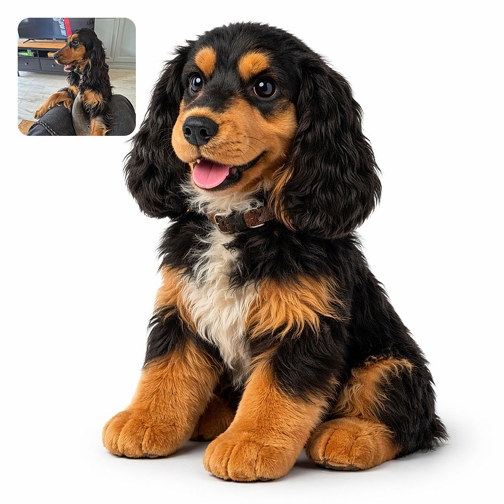 A charismatic black-and-tan spaniel perches on someone's lap, gazing off-camera like it's auditioning for Best Supporting Dog. The TV and living-room furniture provide a cozy backdrop while the dog's curly ears and wag-ready tongue steal the show.