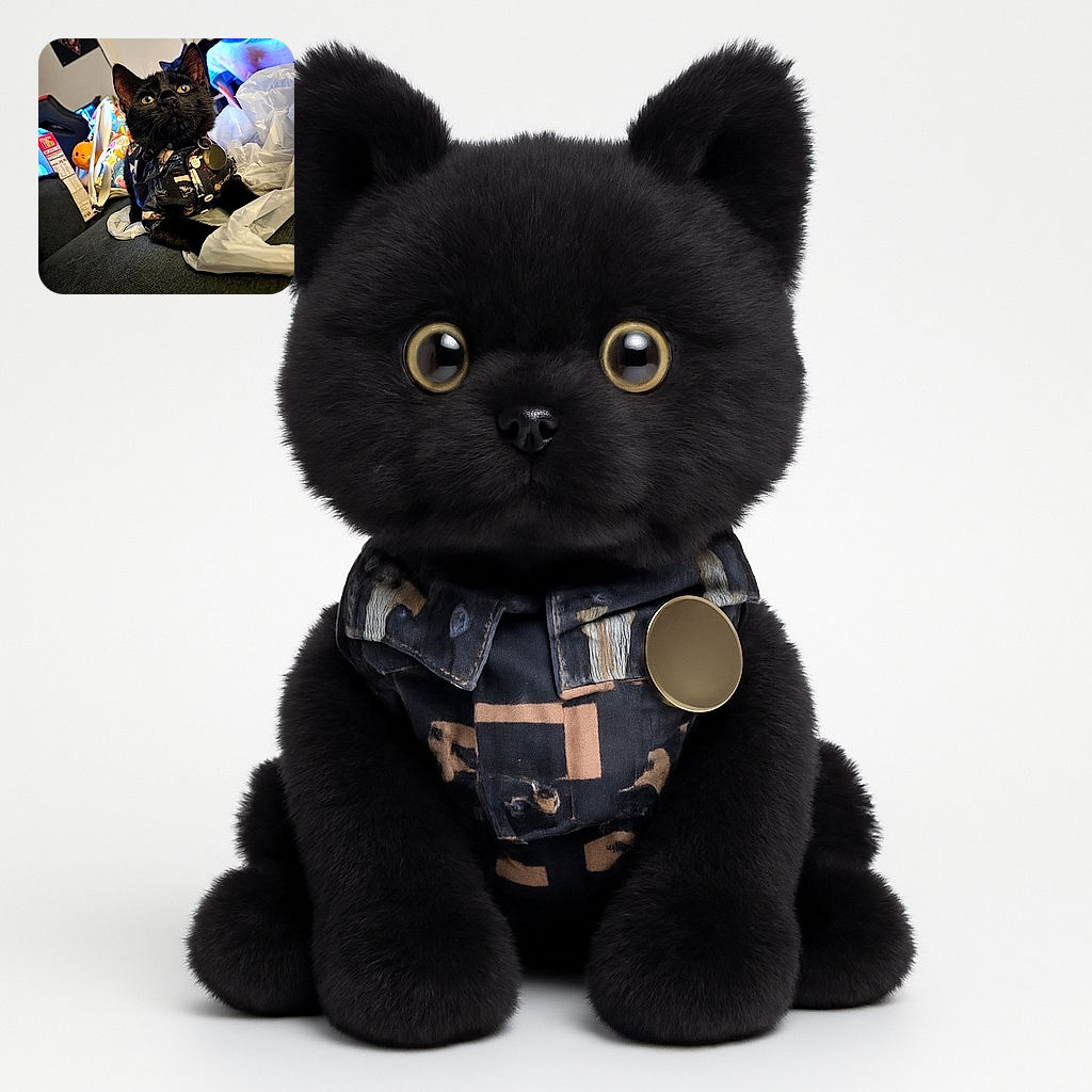 A curious black cat dressed in a quirky patterned outfit lounges on a couch surrounded by colorful bags and a plastic bag, looking intently upwards as if pondering the mysteries of the universe or just waiting for a treat.