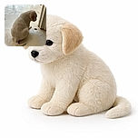 A fluffy white puppy sitting on a marble floor, gazing curiously at a small dark object near the door frame, with soft natural light illuminating the scene.