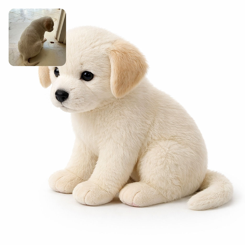 A fluffy white puppy sitting on a marble floor, gazing curiously at a small dark object near the door frame, with soft natural light illuminating the scene.