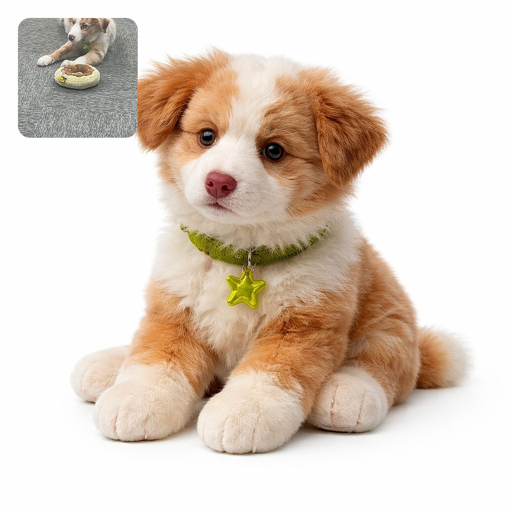 A fluffy brown-and-white puppy lounges on a gray patterned carpet, intently eyeing a plush donut toy like it's a sacred snack — paws outstretched, little nose twitching, and a neon tag gleaming from its collar.