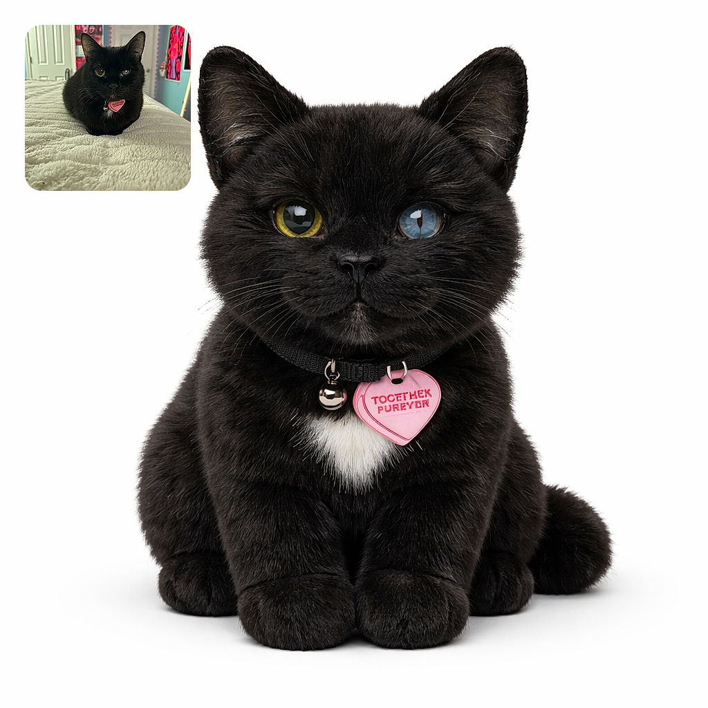 A charming black cat with heterochromia (one yellow eye and one blue eye) is cozily perched on a fluffy white blanket. The cat wears a pink heart-shaped tag that says 'Together Furever'. The background shows a colorful room with posters and string lights, adding a cozy vibe to the scene.