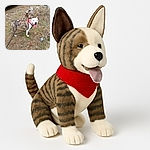 A happy brindle and white dog with a red bandana is standing on dry grass and sticks, tongue out and looking like it just finished a fun play session outdoors.