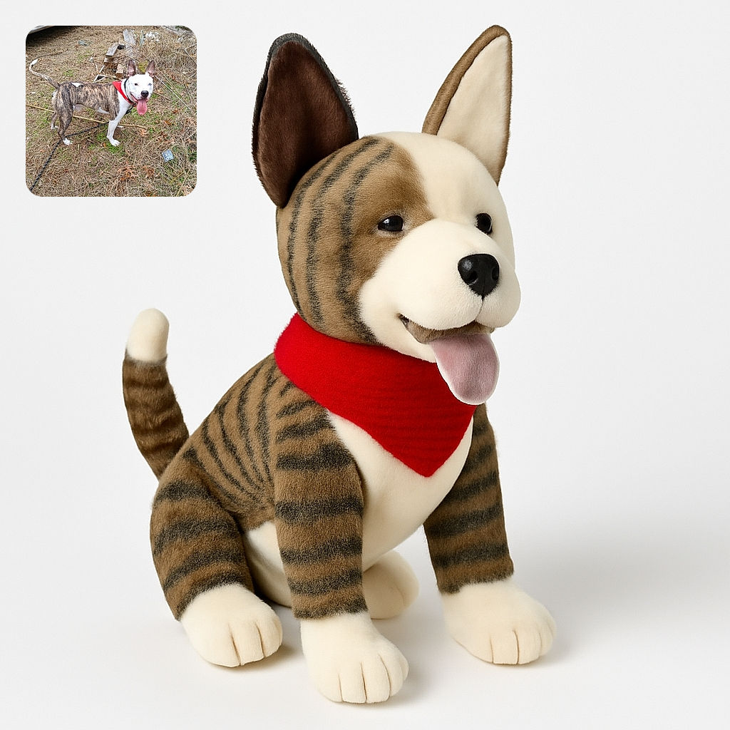 A happy brindle and white dog with a red bandana is standing on dry grass and sticks, tongue out and looking like it just finished a fun play session outdoors.