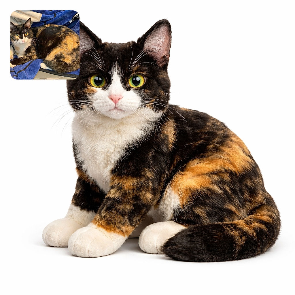 A wide-eyed calico cat loafing on a plush blue blanket, staring directly at the camera like it just remembered it left the universe slightly out of order. Ears perked, whiskers on point, and a tail curled neatly — pure cozy mischief.