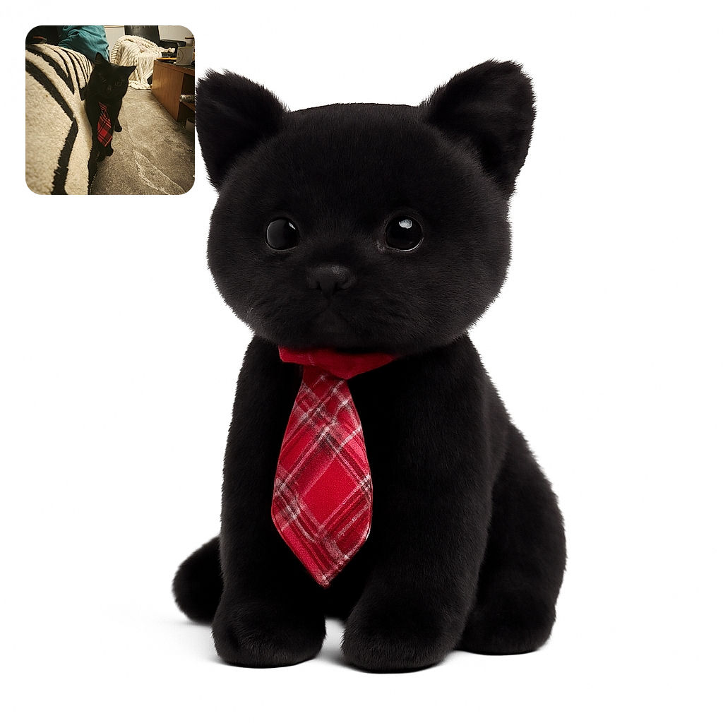 A sleek black cat sporting a red plaid tie prowls along a cozy, patterned blanket on a couch, with a comfy chair and a warm throw blanket in the background, creating a charming indoor scene where business meets feline curiosity.