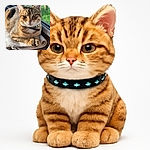 A charming tabby cat lounges comfortably on a folded towel by a sunny window, its eyes gleaming with curiosity and a tiny bell collar jingling softly. The natural light highlights the cat's beautiful fur patterns, while the green outdoors peek through the glass, adding a serene backdrop.