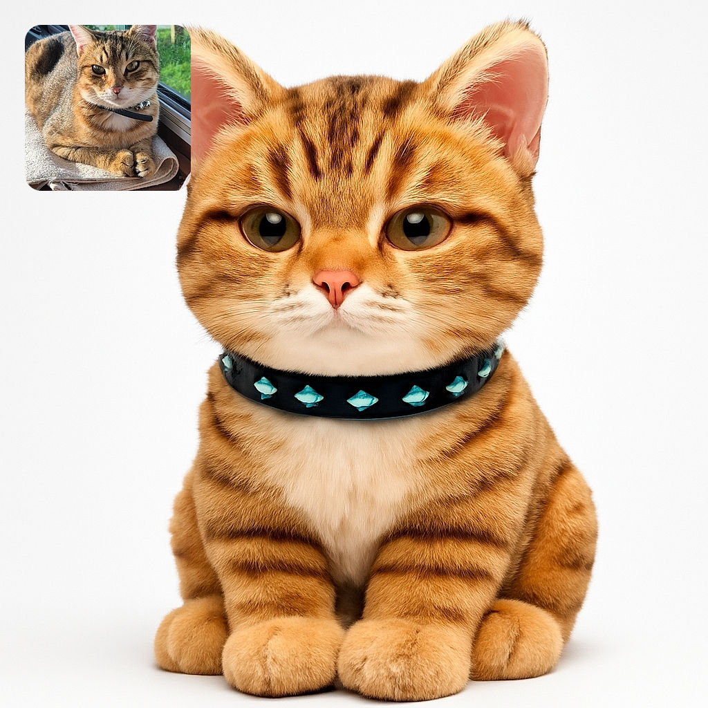 A charming tabby cat lounges comfortably on a folded towel by a sunny window, its eyes gleaming with curiosity and a tiny bell collar jingling softly. The natural light highlights the cat's beautiful fur patterns, while the green outdoors peek through the glass, adding a serene backdrop.