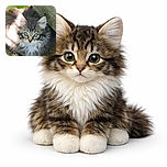 A fluffy kitten with wide, curious eyes peeks out from a shady corner beside a wooden plank, bathed in dappled sunlight and surrounded by natural textures of stone and wood.
