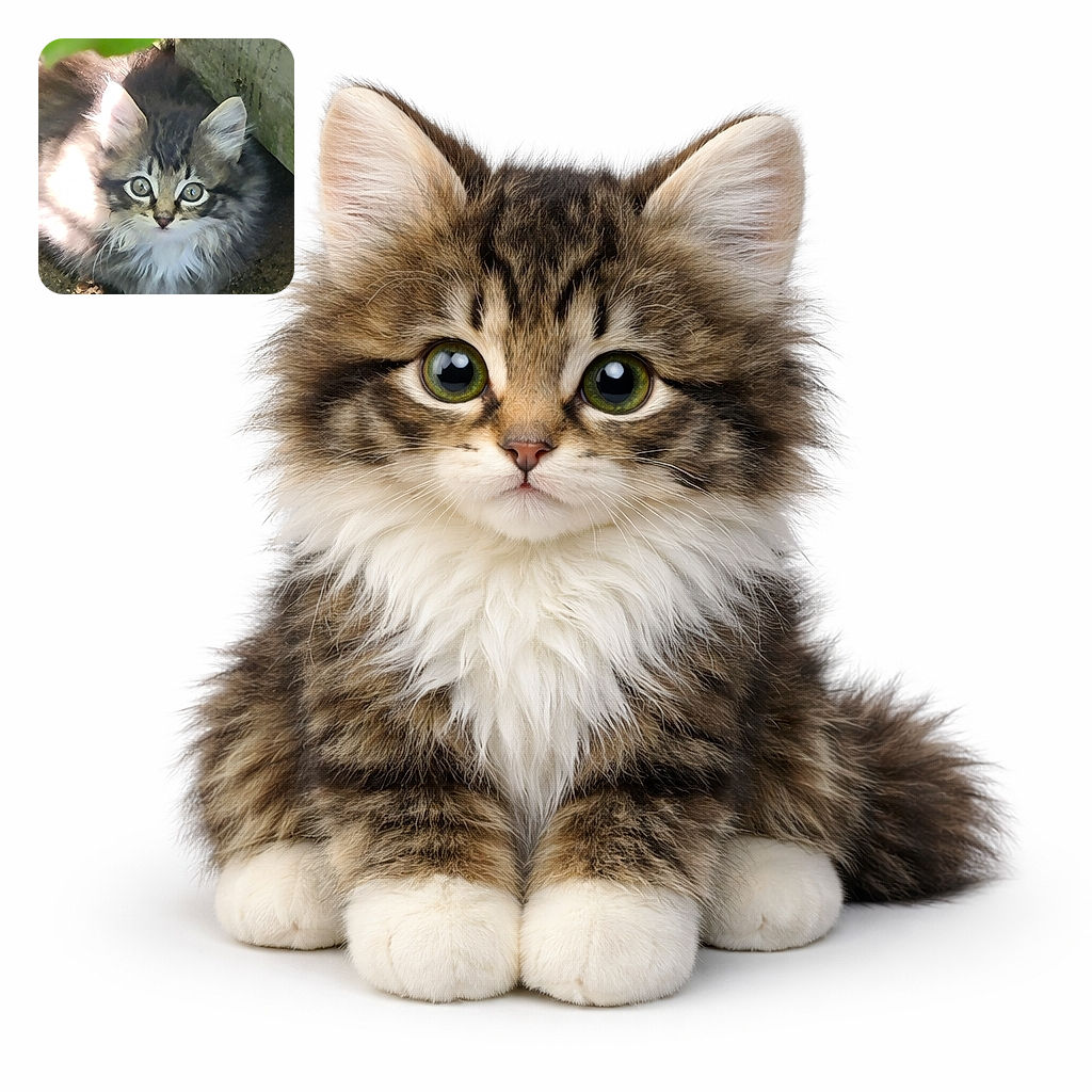 A fluffy kitten with wide, curious eyes peeks out from a shady corner beside a wooden plank, bathed in dappled sunlight and surrounded by natural textures of stone and wood.