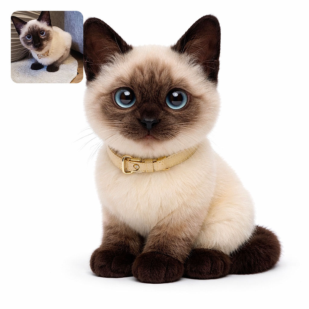 A wide-eyed Siamese kitten stares up like it just uncovered a secret stash of treats — velvet mask, tiny collar gleaming, whiskers on full alert. The plant pot and couch provide dramatic indoor set dressing while the cat rules the rug-and-wooden-floor runway.