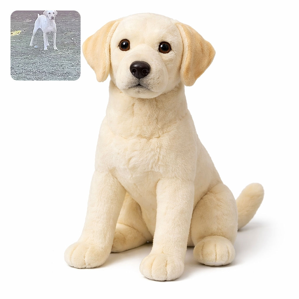 A white dog stands alert in a grassy yard, striking a statuesque pose like it owns the neighborhood — a small ball lies near its front paws and the background is a soft, slightly overexposed blur of lawn and trees.