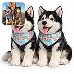 Two happy huskies wearing colorful patterned bandanas pose on a sandy beach at golden hour, with a person in a floral dress standing behind them. The dogs look cheerful and the warm sunlight highlights their fur, creating a vibrant and joyful scene.