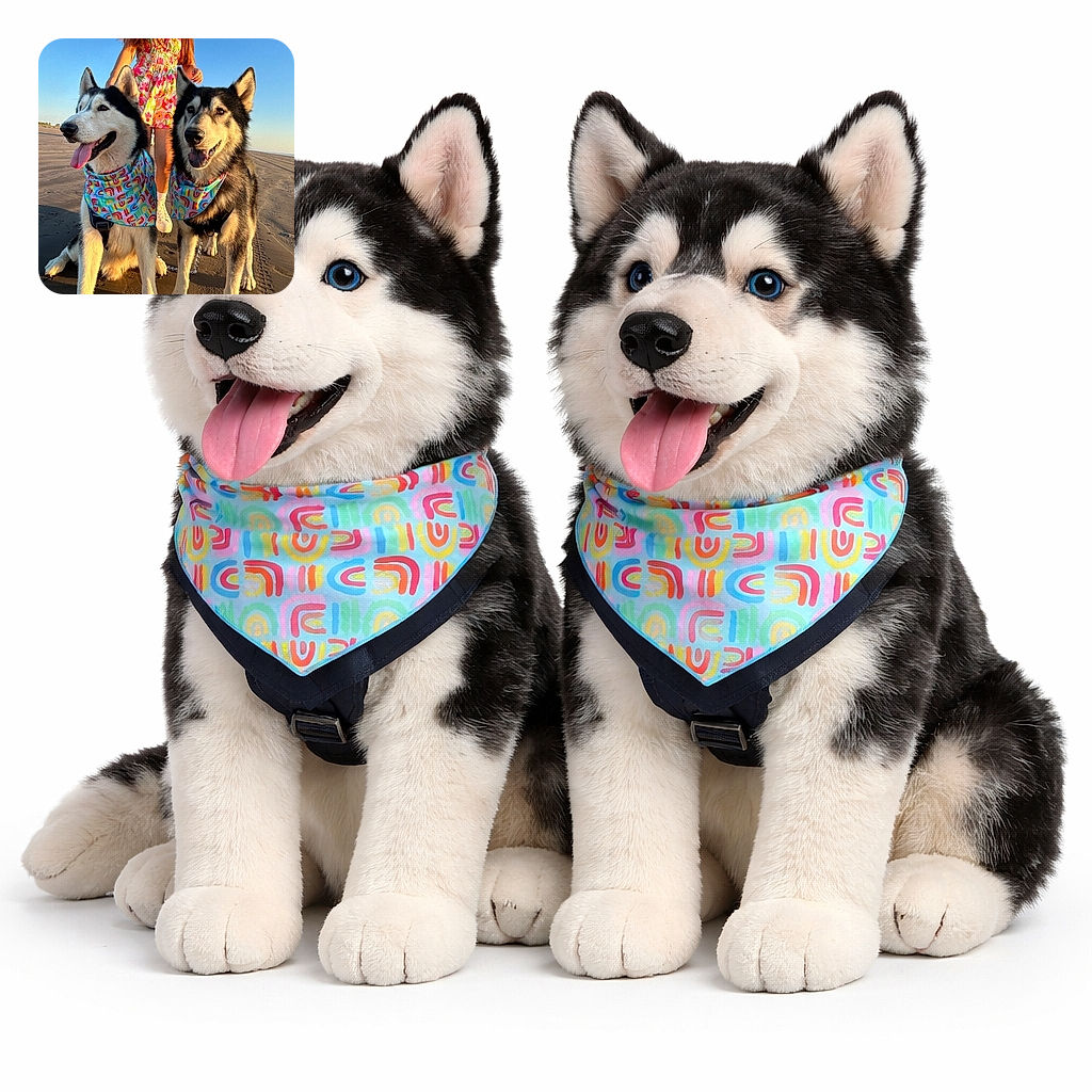 Two happy huskies wearing colorful patterned bandanas pose on a sandy beach at golden hour, with a person in a floral dress standing behind them. The dogs look cheerful and the warm sunlight highlights their fur, creating a vibrant and joyful scene.