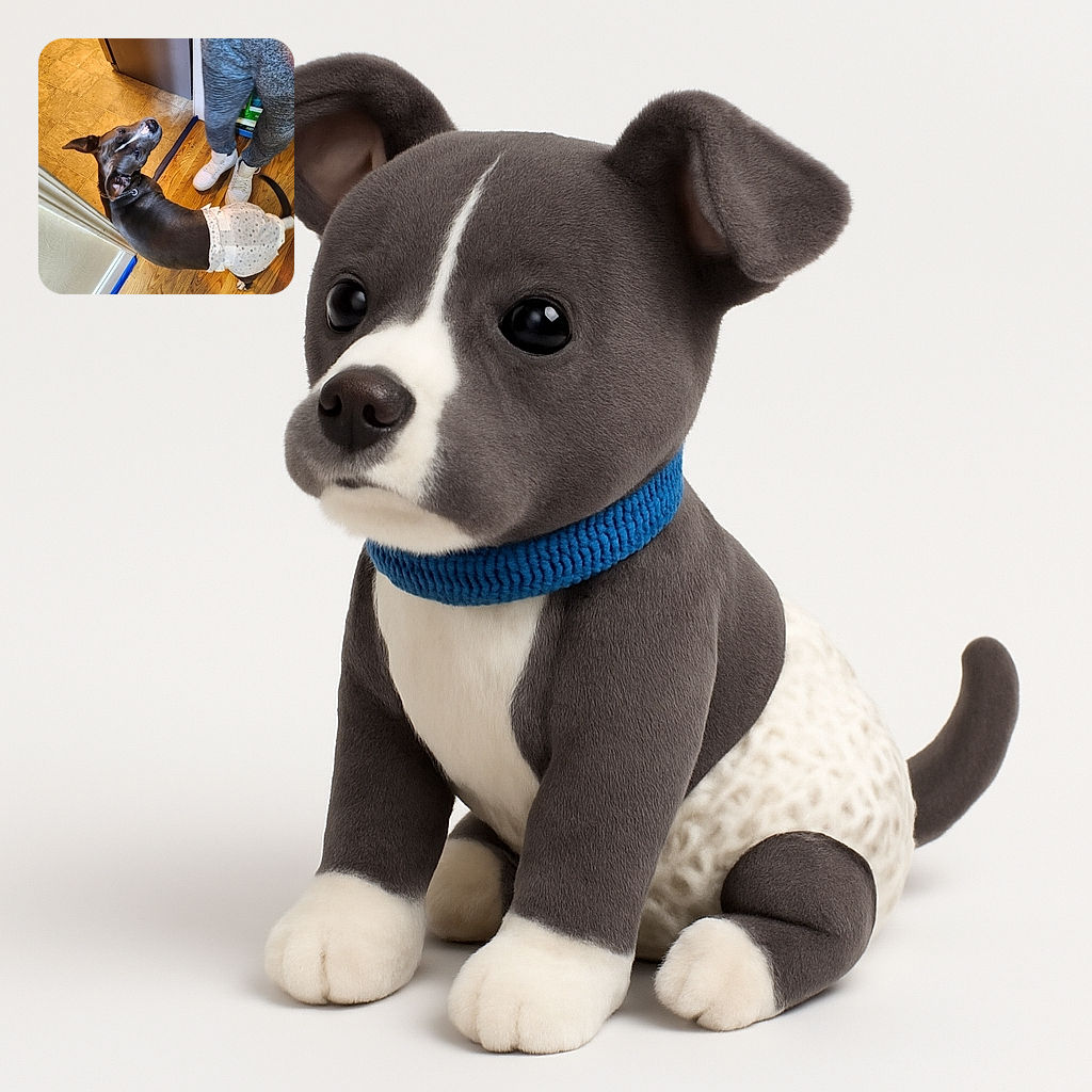 A playful dog wearing a makeshift diaper looks up with curious eyes while standing on a wooden floor near a person in cozy gray pants and white sneakers, capturing a candid moment of domestic humor and care.