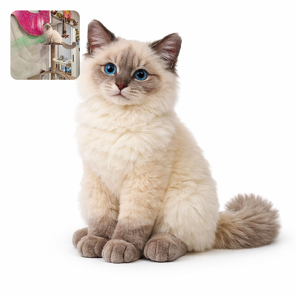 A fluffy, blue-eyed cat perched majestically atop a modern cat tree, with a vibrant pink decorative mask and autumn leaves adding a festive flair to the cozy indoor setting.