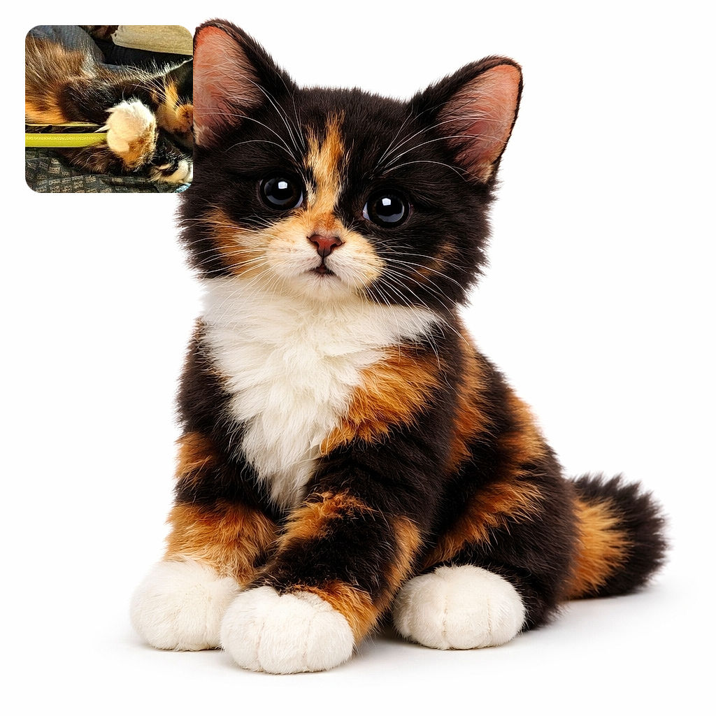 A dramatic calico cat clutching a green remote like it's guarding state secrets — one fluffy paw front and center, whiskers on maximum alert, and ears catching the warm light while it lounges on a patterned blanket. Cozy, slightly grainy close-up that screams "do not disturb (unless you bring treats)."