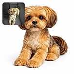 A small, fluffy dog with a golden-brown coat lounges comfortably on a dark gray couch, looking up with curious, shiny eyes. The cozy setting and soft lighting highlight the dog's adorable fur texture against the smooth fabric of the couch.