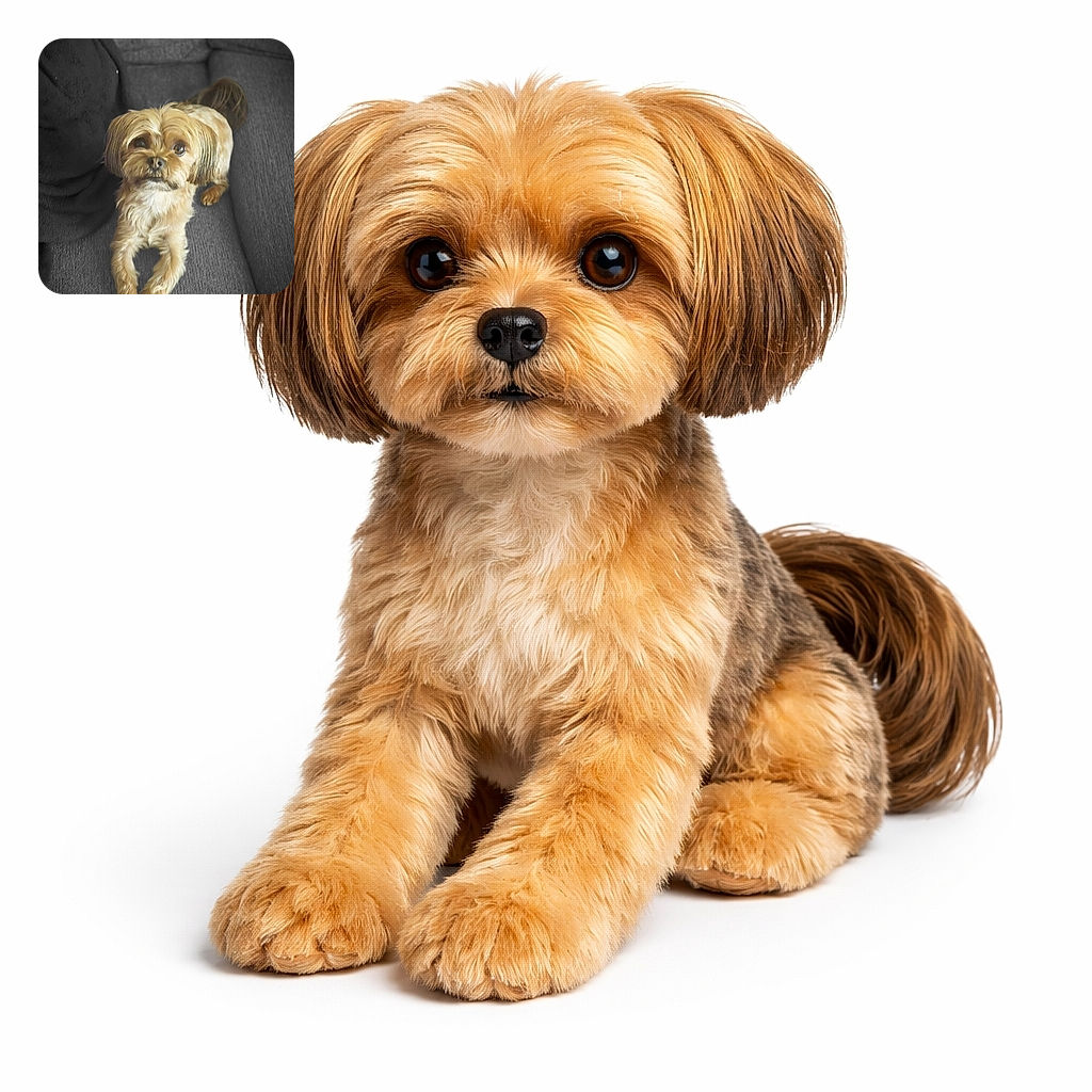 A small, fluffy dog with a golden-brown coat lounges comfortably on a dark gray couch, looking up with curious, shiny eyes. The cozy setting and soft lighting highlight the dog's adorable fur texture against the smooth fabric of the couch.