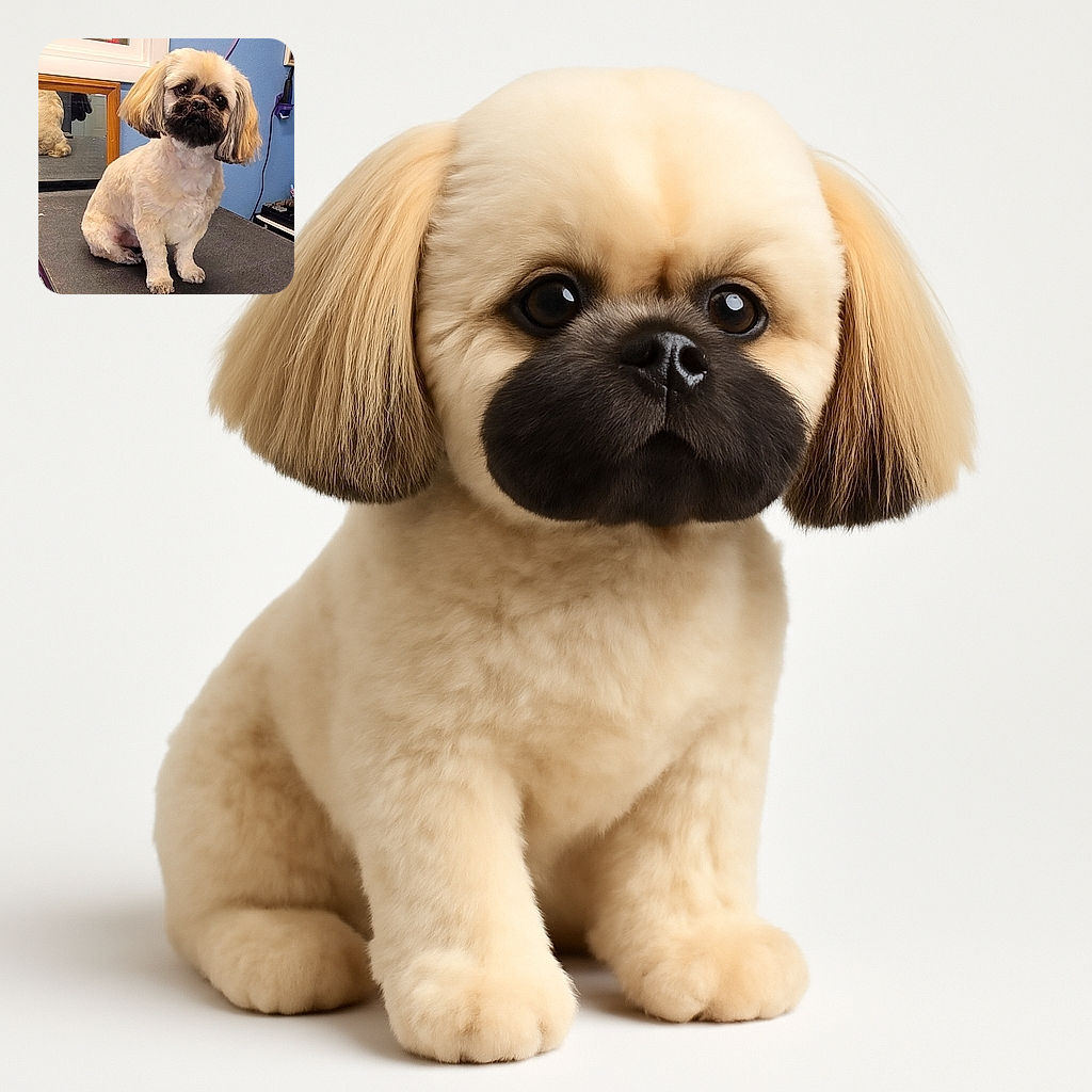 A small, freshly groomed dog with a fluffy, light-colored coat and darker facial fur sits patiently on a grooming table. The background shows a blue wall with grooming tools and a mirror reflecting the dog's back, emphasizing the tidy and cozy grooming environment.