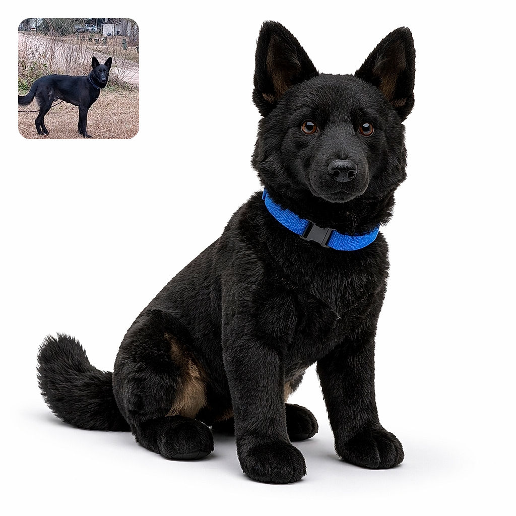 A sleek black dog stands alert on a leash in a brown grassy yard, ears pricked like tiny satellite dishes, staring at the camera with serious business energy while a quiet rural driveway and scrubby bushes sit in the background.