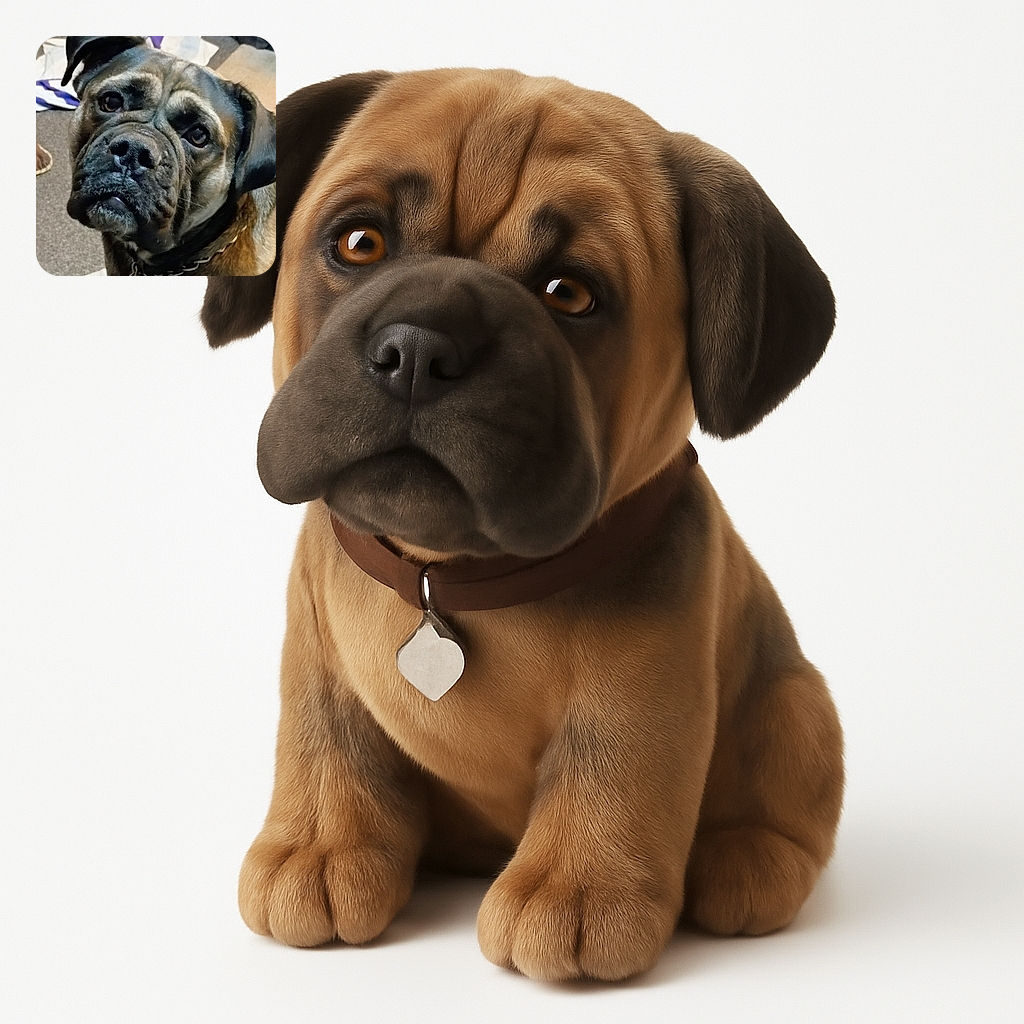 A close-up shot of a large dog with soulful eyes and a slightly wrinkled face, wearing a chain collar with a tag, sitting indoors on a carpet with some scattered fabric in the background, looking like it just heard a fascinating story.
